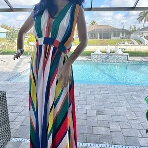 Boston Proper Red and Blue Sleeveless V-Neck Sundress